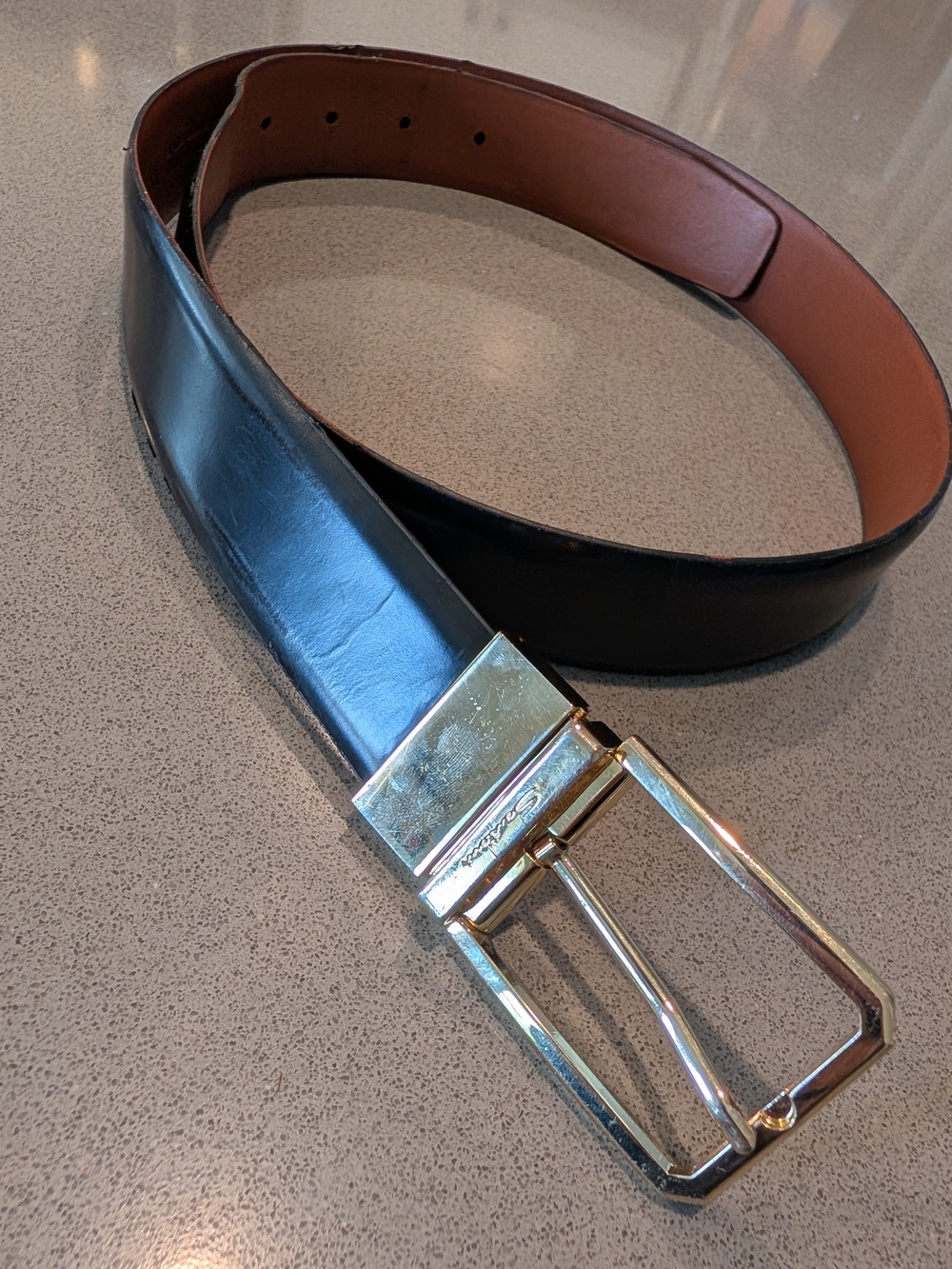 Santoni Black Leather Men's Belt with Gold Buckle
